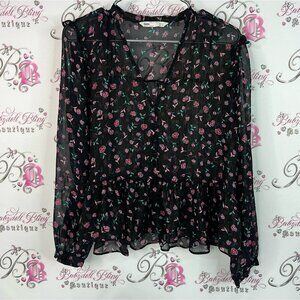 Zara top long sleeve roses pink green Black Floral Sheer Blouse